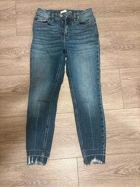 KanCan Dark Blue Ankle Crop Jeans with Frayed Hem